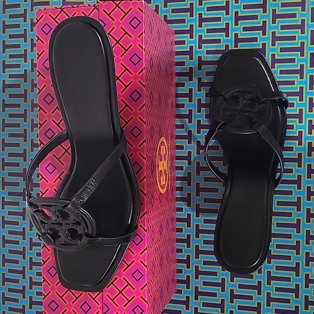 Tory Burch Geo Bombe Miller Leather Black Gold Heeled Sandals- Size 8.5 - Picture 7 of 15